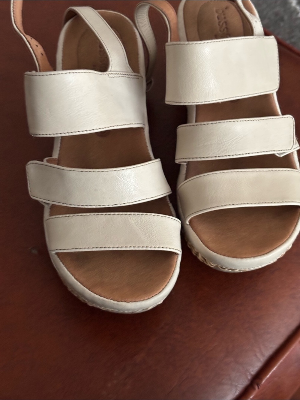 bussola Cream Leather Triple-Strap velcro wedge Women’s Sandals